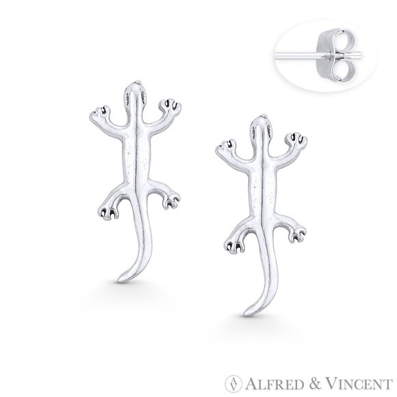 Salamander Lizard Reptile Animal Charm Stud Earrings in .925 Sterling Silver - Picture 1 of 1